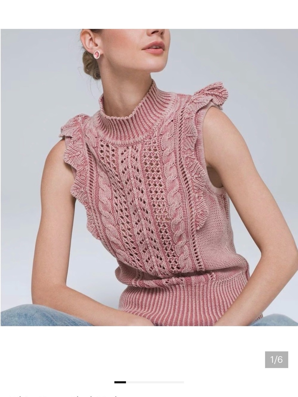 White House Black Market Dusty Rose Sleeveless Cable & Lace Turtleneck Sweater